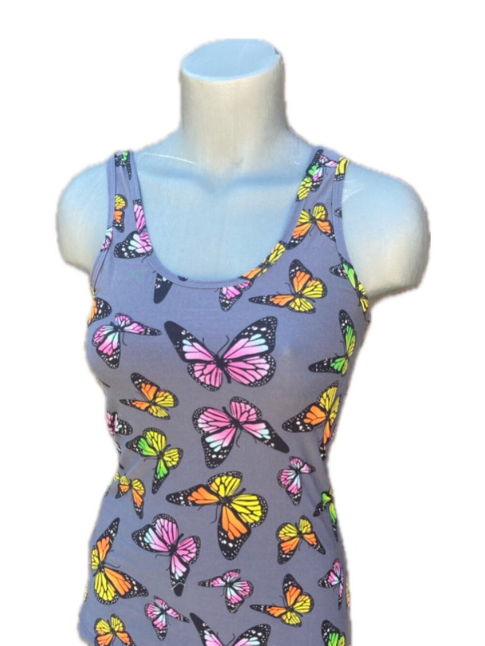 No Boundaries Colorful Butterfly Print on Grey Scoop Neck Tank Top Medium
